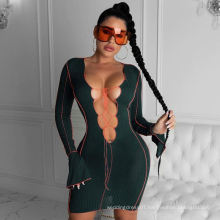 Women Summer Fashion Deep V Sexy Mandarin Sleeve Slim Bandage Club Dress